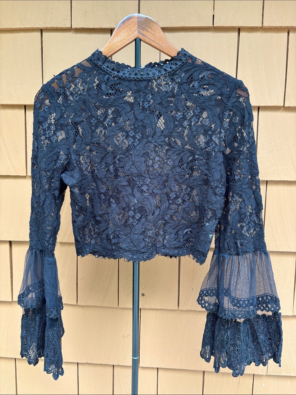 REVAMPED | Black Sheer Lace Cropped Whimsigoth Tiered Bell Sleeve Top | Size M